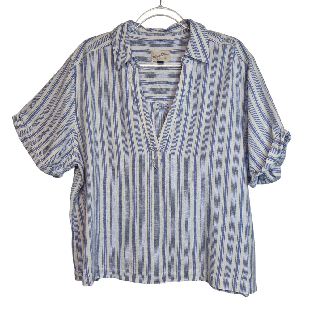 Universal Thread XL Blue White Striped Linen Blend Split Neck Top Nautical Sea